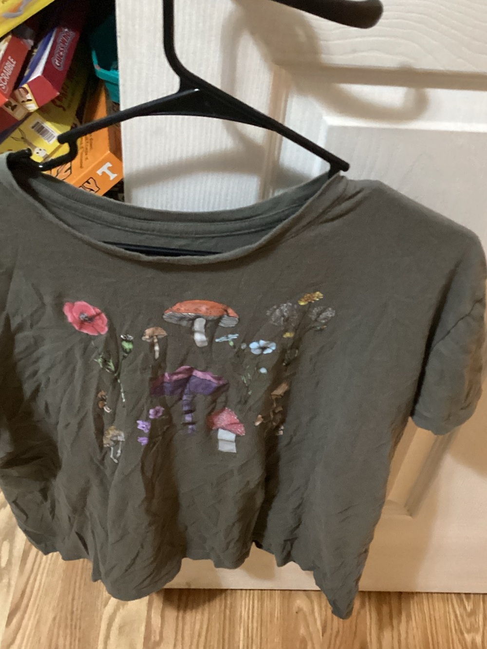 Olive Green Short Sleeve Kids Tee with Mushroom & Floral Print